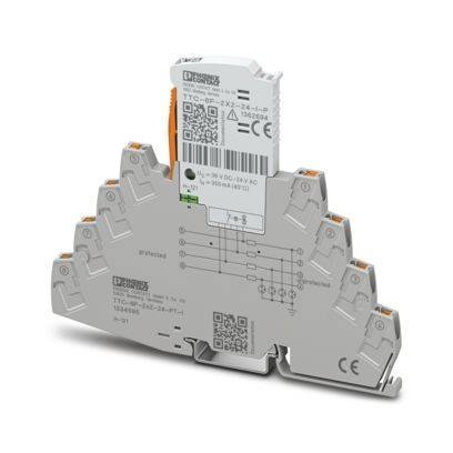 Phoenix Contact TT3PD 24AC' Überspannungsschutzgerät mit grauem Gehäuse, Anschlussklemmen und QR-Codes. Konzipiert für den elektrischen Überspannungsschutz.