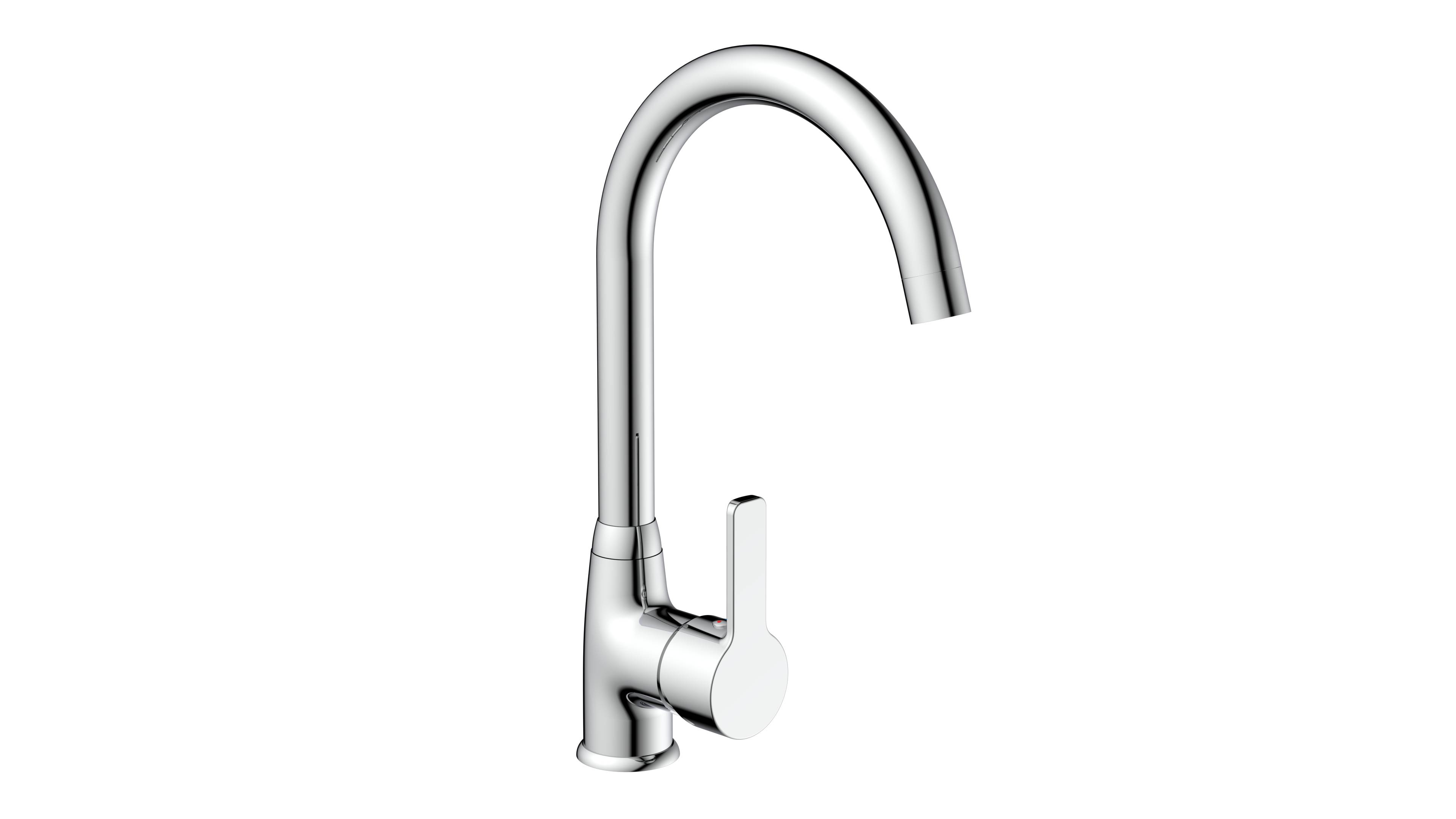 Ein moderner Wasserhahn aus Edelstahl für die Küche mit geschwungenem Auslauf und Einhandmischer.