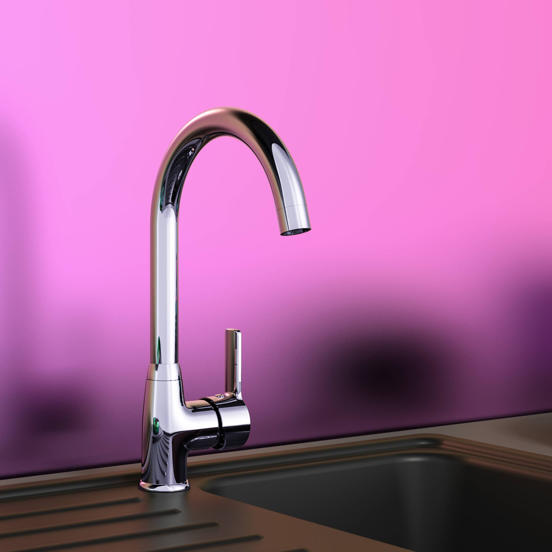 Eine moderne Chrom-Küchenarmatur über einer dunklen Arbeitsplatte mit einem leuchtend pinken Verlaufshintergrund, der ein schlankes und stilvolles Design hervorhebt.