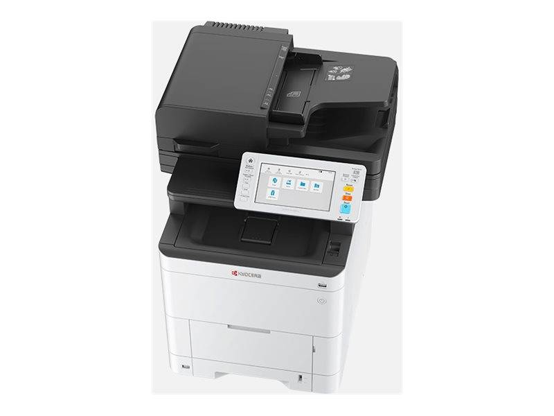 Multifunktionsdrucker im Büro mit Scanner und Touchscreen-Bedienfeld, dargestellt in Weiß und Schwarz vor neutralem Hintergrund.
