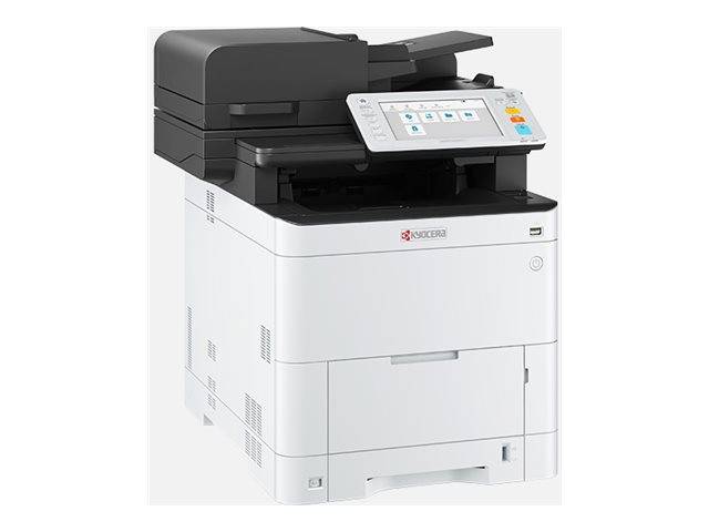 Schwarz-weißes Multifunktionsdruckgerät/Kopierer für das Büro mit Touchscreen-Bedienfeld und Dokumenteneinzug, dargestellt vor einem einfachen weißen Hintergrund.