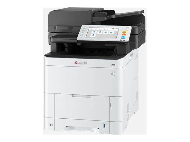 Multifunktionaler Bürodrucker mit Touchscreen-Bedienfeld und Papierfach, Frontansicht auf weißem Hintergrund.