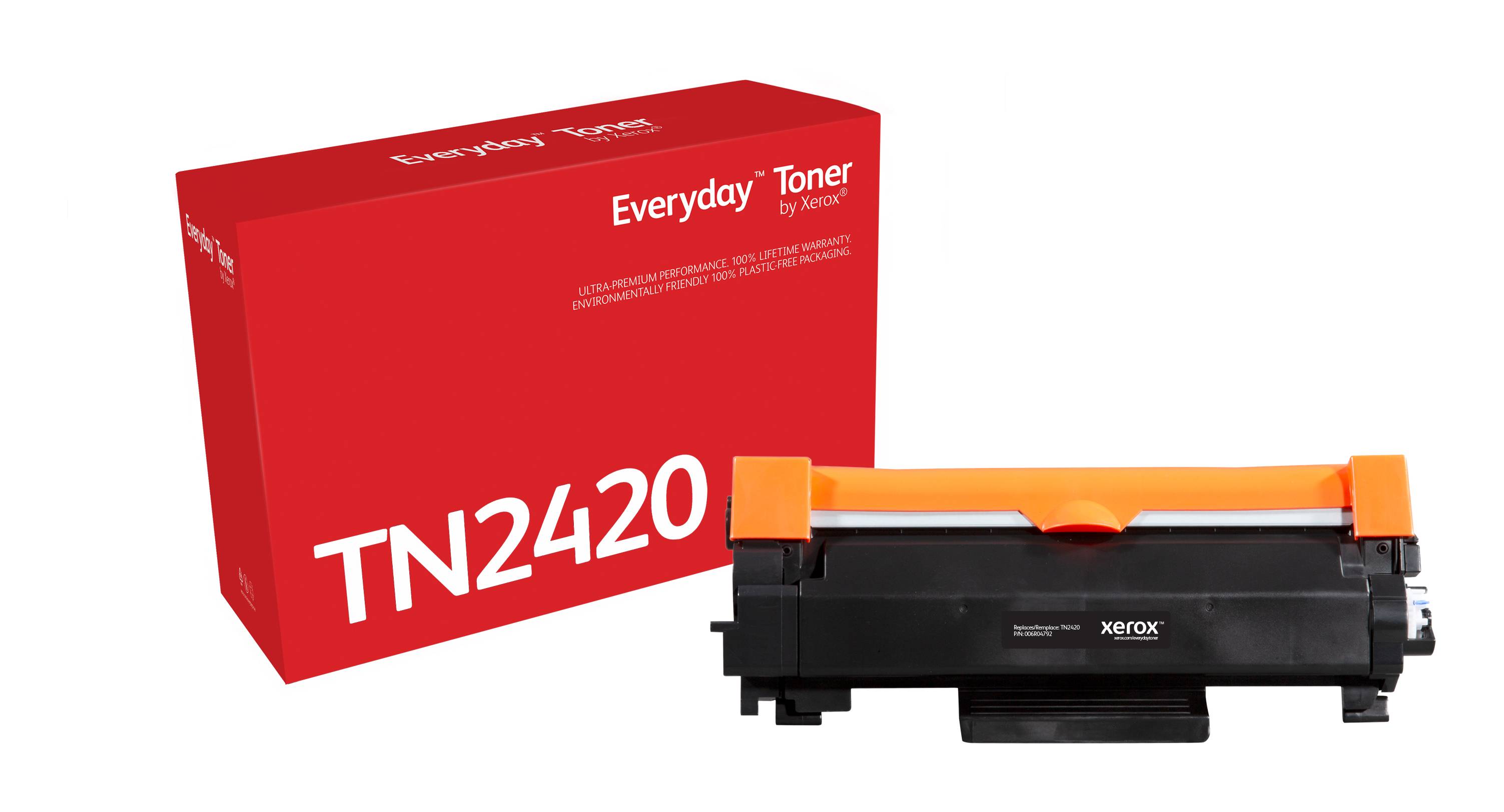 Xerox Everyday Toner TN2420 Patrone neben ihrer roten Produktbox auf weißem Hintergrund.