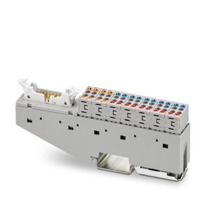 Ein kompaktes elektrisches Gerät mit mehreren farbigen Klemmleisten wird für Schaltkreisverbindungen verwendet. Das Gerät hat eine robuste Metallbasis.