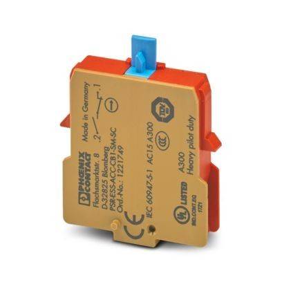 Das Bild zeigt ein Phoenix-Contact-Relais, Teilenummer PSR-ES4-B-1, mit IEC-60947-5-1-Zertifizierung. Es ist braun mit einer blauen Lasche oben.