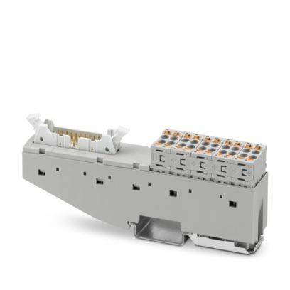 Ein elektrischer Stecker mit mehreren Anschlüssen, entwickelt für industrielle Anwendungen, mit einem robusten grauen Gehäuse und metallischen Kontakten.