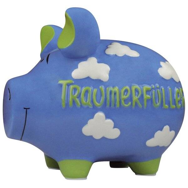 Spardose Schwein -Traumerfüller- - Keramik hellblau mittel.