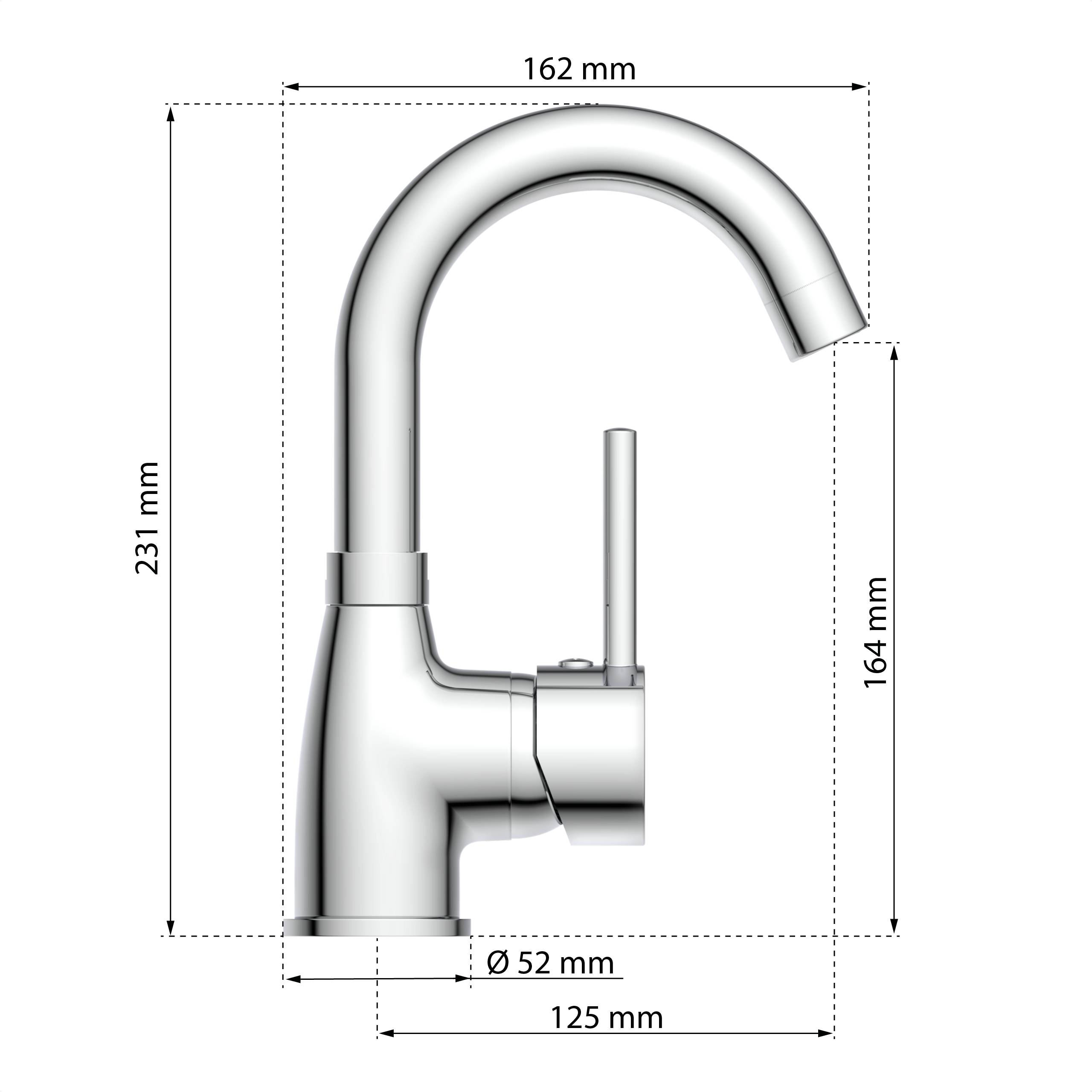 Technische Illustration eines verchromten Küchenarmatur mit beschrifteten Abmessungen: 231 mm Höhe, 162 mm Breite, 164 mm Auslaufhöhe, 125 mm Basistife, 52 mm Durchmesser.