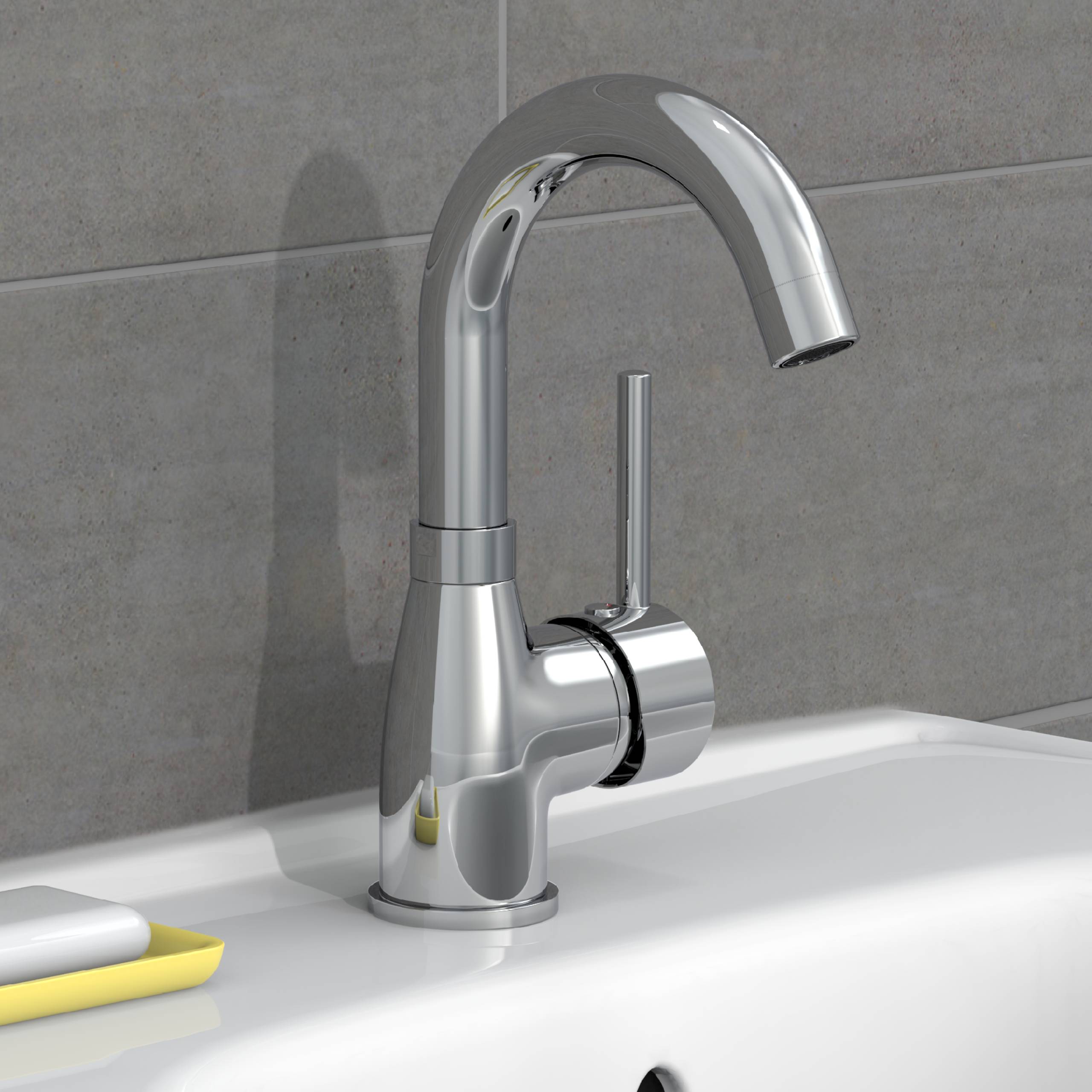 Chrom-Badezimmer-Wasserhahn mit einem einzelnen Hebel auf einem weißen Waschbecken vor einer grau gefliesten Wand