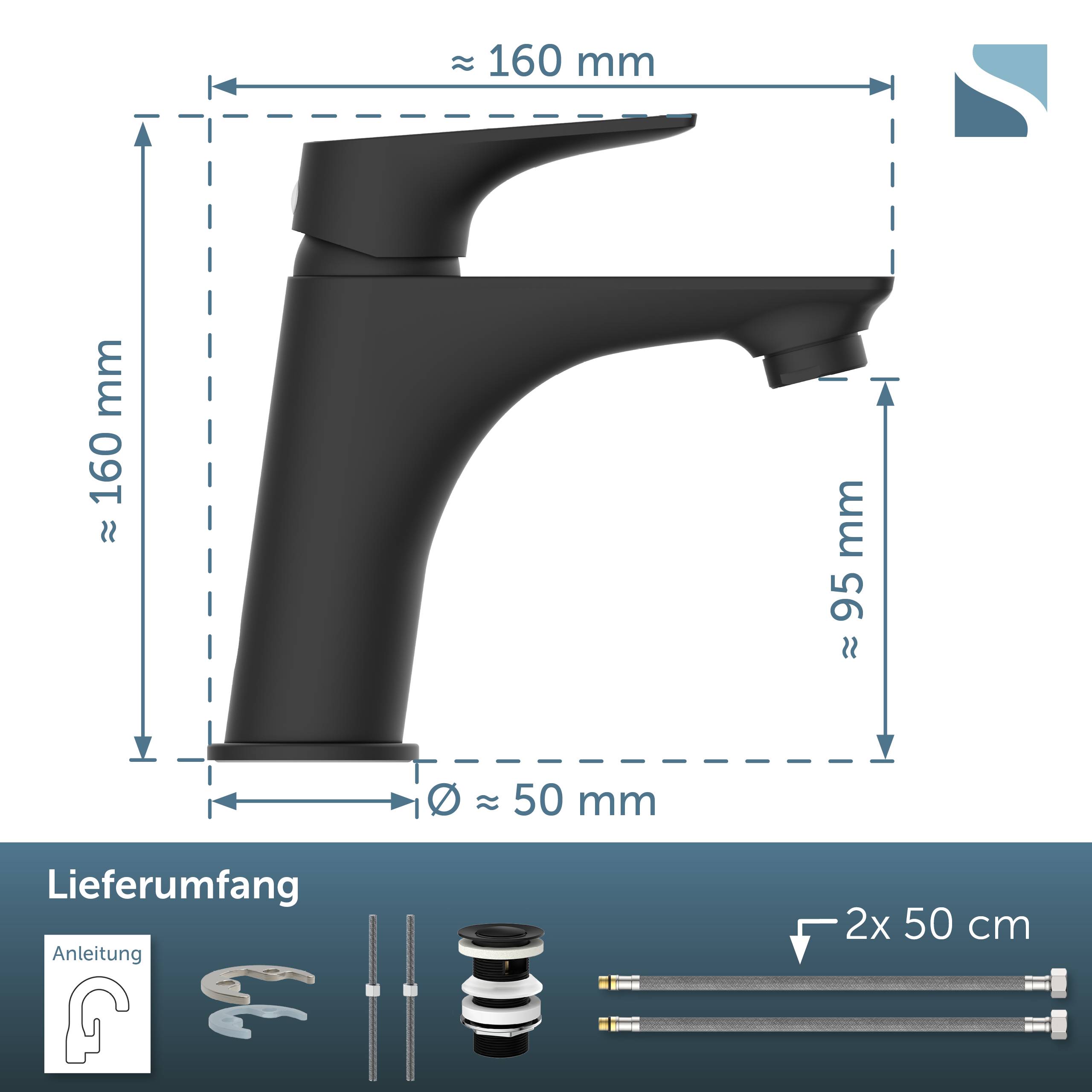 Schwarzer Einhebelmischer gezeigt mit Abmessungen: ca. 160 mm Höhe und Tiefe, 95 mm Auslaufhöhe, 50 mm Sockel; einschließlich Installationsteile unter „Lieferumfang".