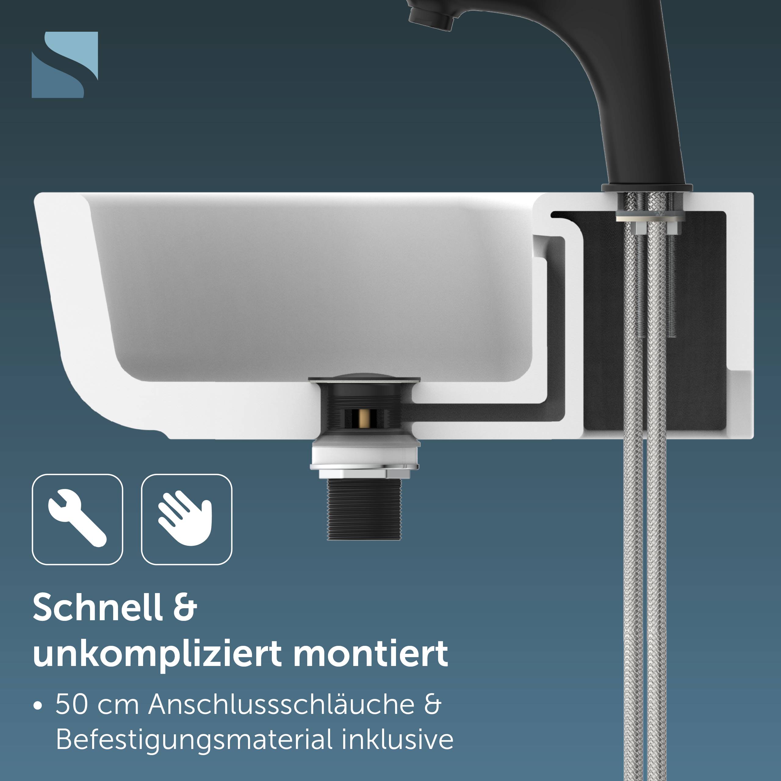 Querschnitt eines Waschbeckens und Wasserhahns mit einfacher Installation; Deutscher Text sagt „schnell und unkompliziert zu montieren" mit beiliegenden 50 cm Schläuchen und Montagematerial.