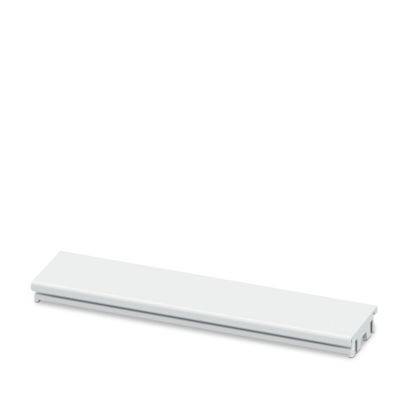 Ein rechteckiges weißes Objekt, wahrscheinlich ein minimalistisches Regal oder Panel, von einem Winkel aus gegen einen weißen Hintergrund betrachtet.