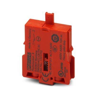 Rotes elektronisches Bauteil der Marke 'Phoenix Contact', Modellnummer und verschiedene Zertifizierungen. Geeignet für AC-Verwendung, 600V, 10A.