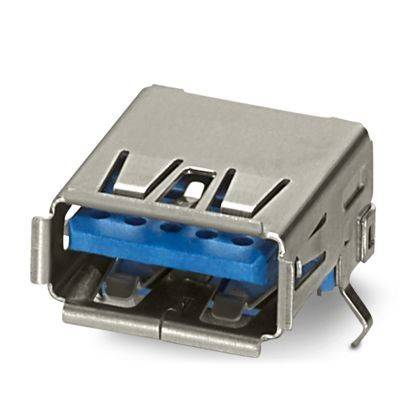 Eine Nahaufnahme eines USB-3.0-Anschlusses mit blauem Einsatz, das Metallgehäuse und sichtbare Kontaktpunkte zeigt.