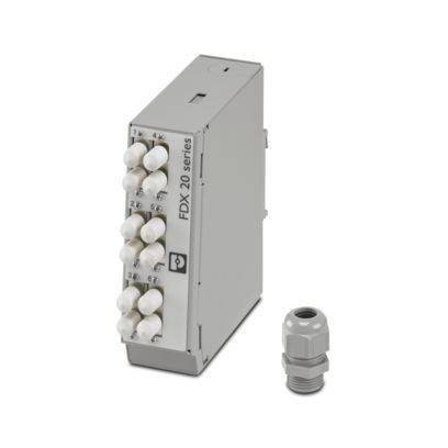 FDX 20 series'-Modul mit Lichtwellenleitern-Steckverbindern, gezeigt neben einer separaten Kabeleinführung.