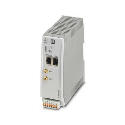 Ein kompakter, grauer industrieller Ethernet-Switch mit zwei Ethernet-Anschlüssen, beschriftet mit „LAN 1
