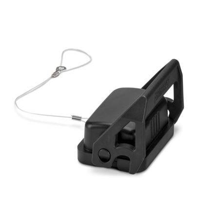 Ein schwarzer Ratschengurt mit einem sicheren Verriegelungsmechanismus und einem angebrachten Kabel. Wird zum Sichern von Ladung während des Transports verwendet.