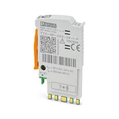 Elektronische Leiterplatte mit QR-Code, beschriftet mit „Phoenix Contact