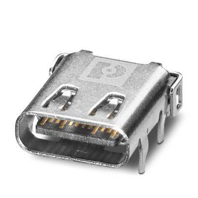 Nahaufnahme eines Metall-USB-C-Anschlusses, der seine ovale Form und vergoldete Steckerkontakte zeigt.