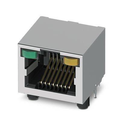 Eine Nahaufnahme eines sechspoligen Ethernet-Anschlusses in unvergossener Ansicht, die Verbindungen und Stifte im Inneren zeigt, mit grünen und gelben Statusanzeigen.