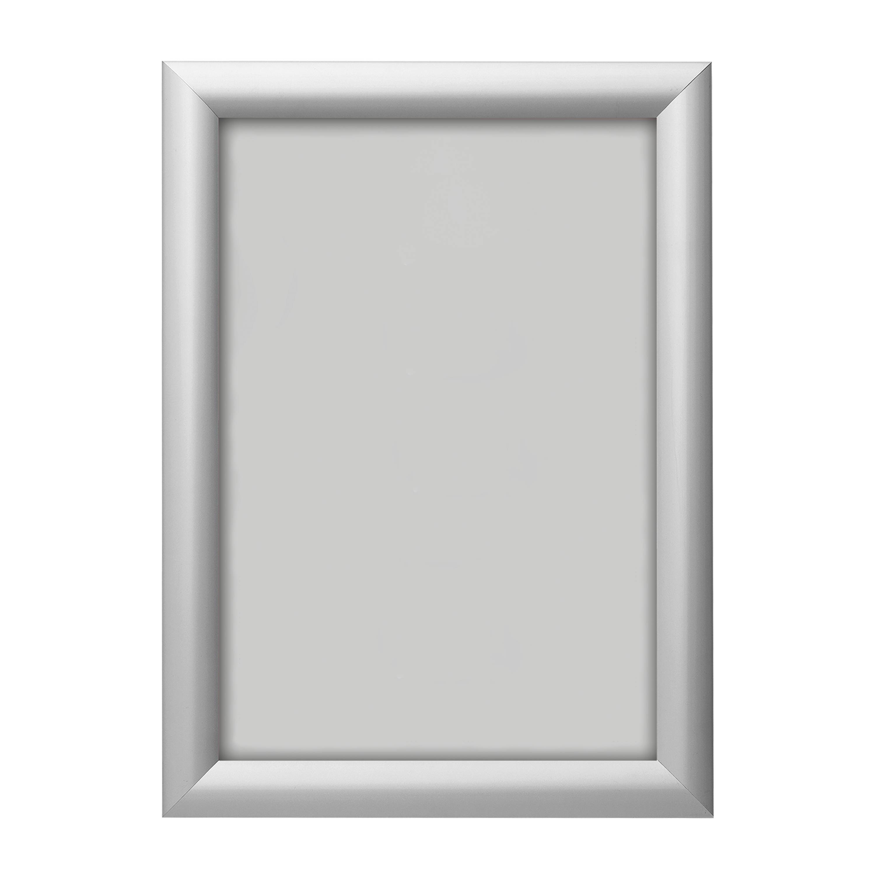 Ein silberner rechteckiger Bilderrahmen mit leerer Mitte vor schwarzem Hintergrund.