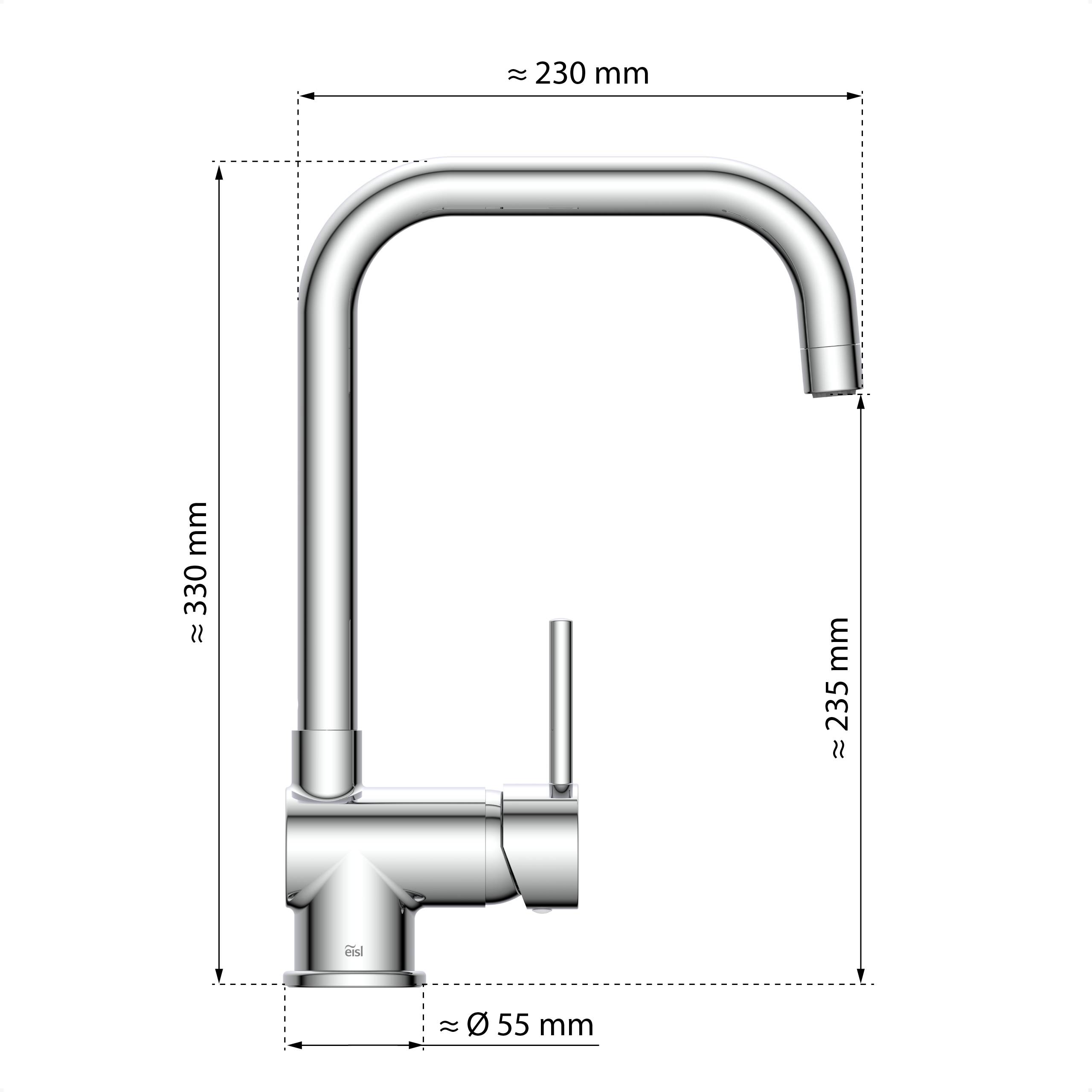 Eine Skizze, die die Abmessungen eines Küchenarmatures mit hohem Auslauf zeigt. Höhe: 330 mm, Auslaufweite: 230 mm, Auslaufhöhe: 235 mm, Basisdurchmesser: 55 mm.