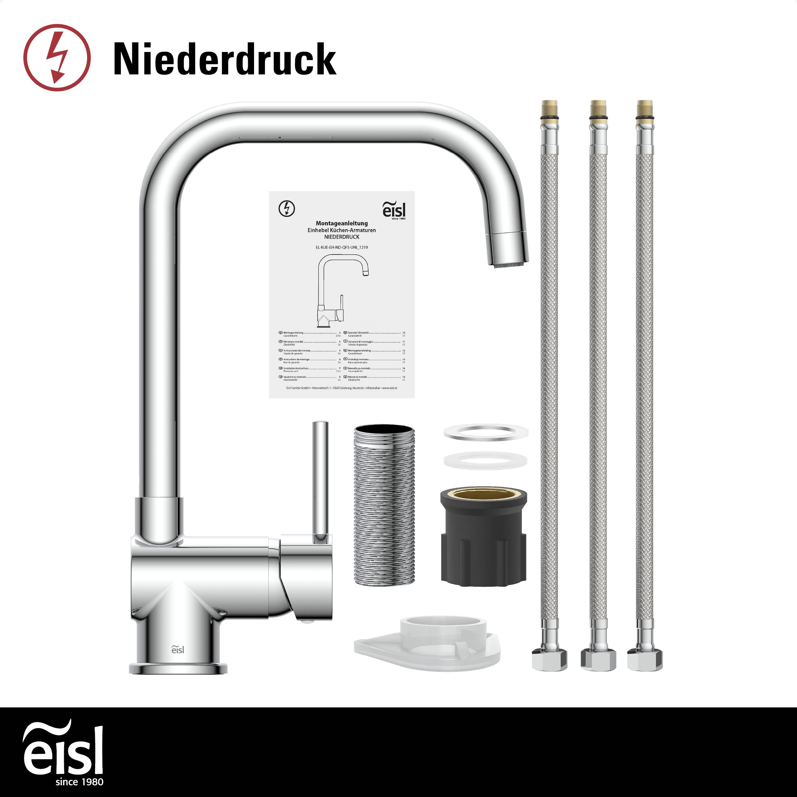 Niederdruck-Küchenarmatur-Set mit Installationsanleitung, drei Anschlusshosen, Dichtungsringen und Befestigungsmaterial. Eisl Marke.