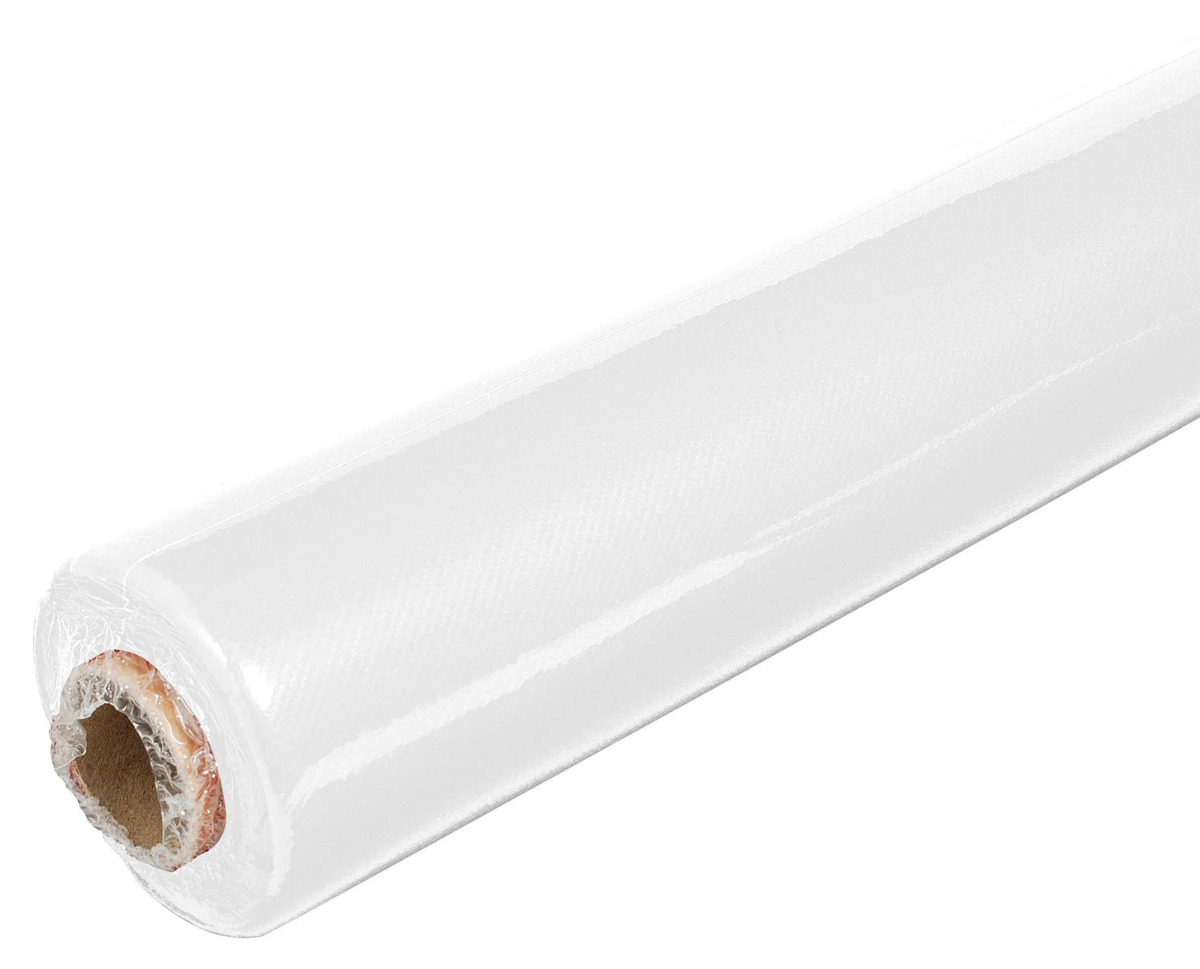 Rolle aus weißer Vinylbodenbelag mit sichtbarer Textur, wobei eine Ecke mit einem Pappkern zu sehen ist.