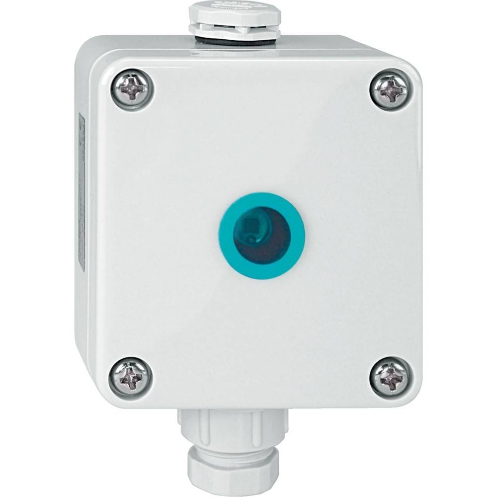 Eine weiße elektrische Verteilerdose mit einem blauen Kreisindikator in der Mitte, die mit Schrauben an jeder Ecke befestigt ist.