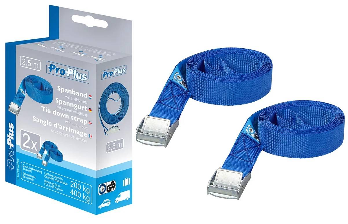 Ein blauer Spanngurt mit Metallschnallen neben seiner Verpackung, mit der Aufschrift „2,5m