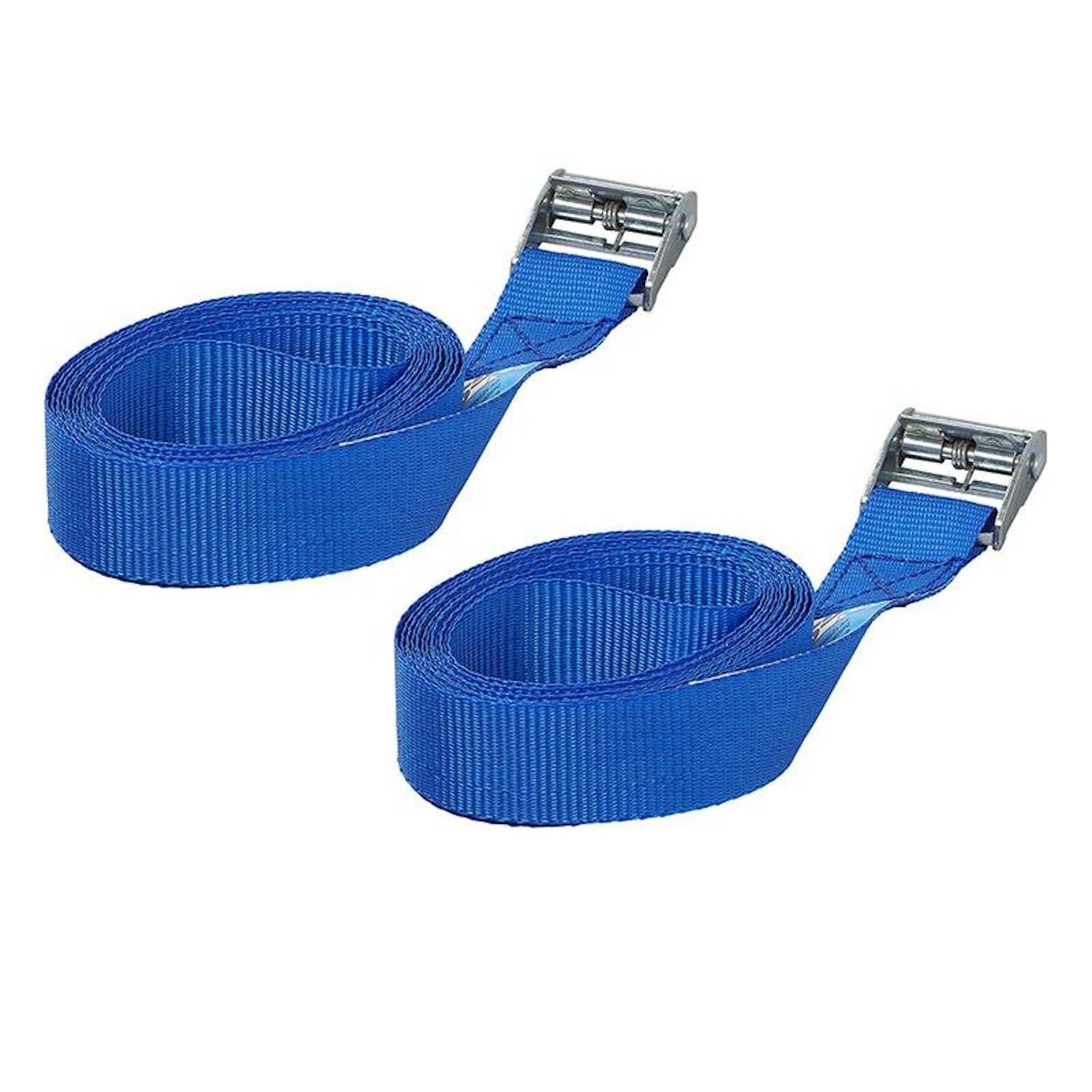 Zwei blaue Zurrgurte mit Metallschnallen sind auf weißem Hintergrund aufgerollt und werden zum Sichern von Ladung verwendet.