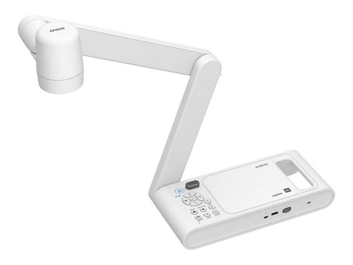 Weiße Epson-Dokumentenkamera mit Schwanenhals und Steuerungsbasis auf einfachem Hintergrund.