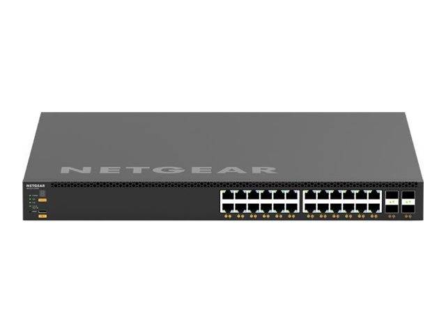 Vorderansicht eines NETGEAR-Netzwerk-Switches mit 24 Ethernet-Anschlüssen und 2 Uplink-Anschlüssen auf einfachem weißem Hintergrund
