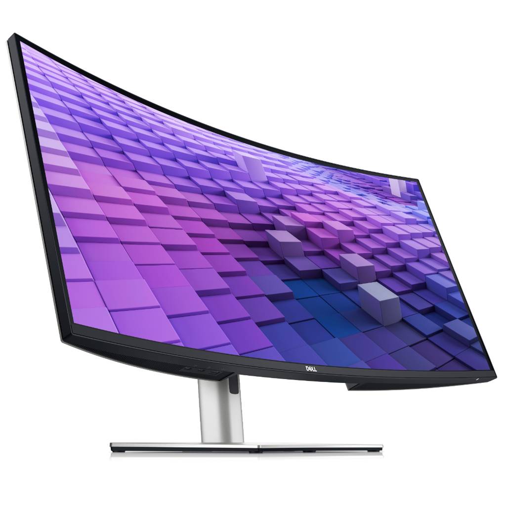 Gekrümmter Dell-Monitor auf einem silbernen Ständer, auf dem ein violettes abstraktes 3D-Würfelmuster angezeigt wird.