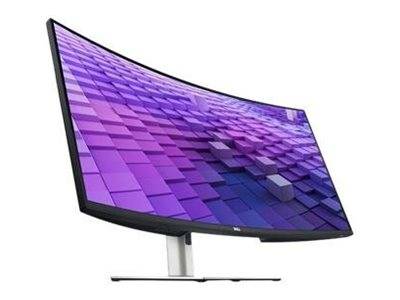 Gekrümmter Monitor, der auf einem Ständer ein violettes 3D-Kachelmuster anzeigt.