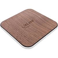 Holzquadrat-Wireless-Ladepad mit abgerundeten Ecken und subtlem Logo oben.