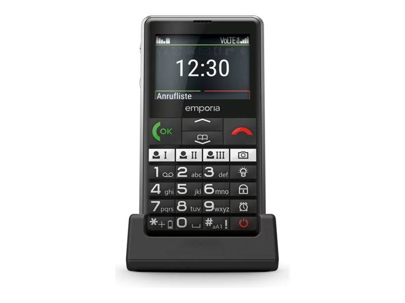 Ein schwarzes Mobiltelefon auf einer Ladeschale zeigt 12:30 und einen „Anrufverlauf