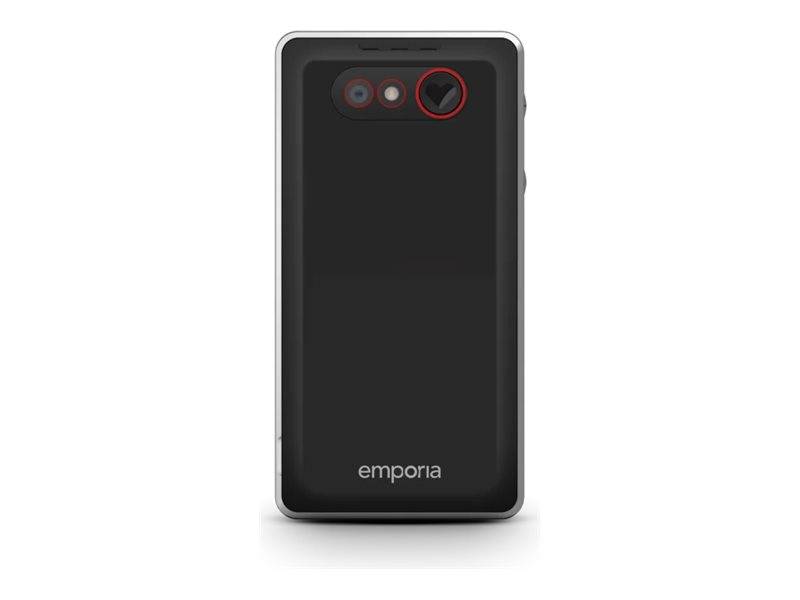 Rückseite eines schwarzen Emporia-Mobiltelefons mit drei hinteren Kamera-/Blitzöffnungen oben und dem 