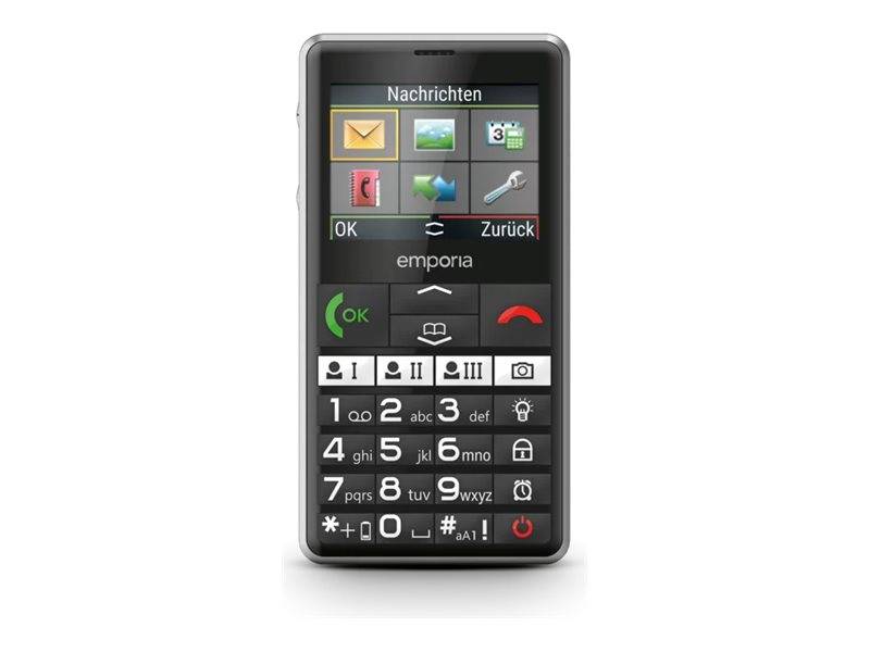 Ein schwarzes Emporia-Mobiltelefon, von vorne gezeigt, mit einem symbolbasierten 'Nachrichten'-Menü auf dem Bildschirm und großen physischen Tasten, einschließlich einer grünen OK-Taste und einer roten Anrufbeendigungs-Taste.