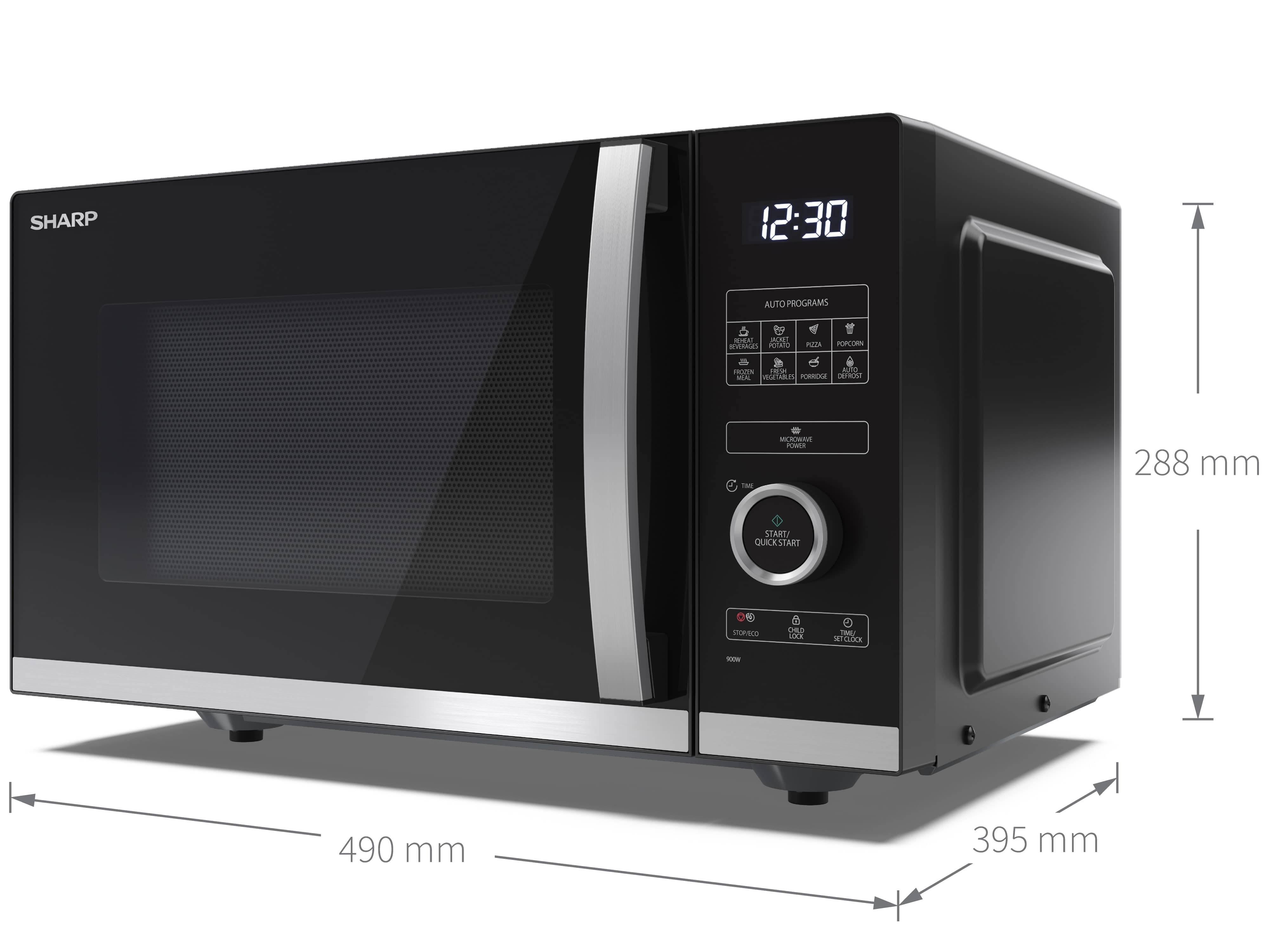 Ein schwarzer Mikrowellenherd mit einer digitalen Uhr, die '12:30' anzeigt. Abmessungen: 490 mm Breite und 395 mm Tiefe.