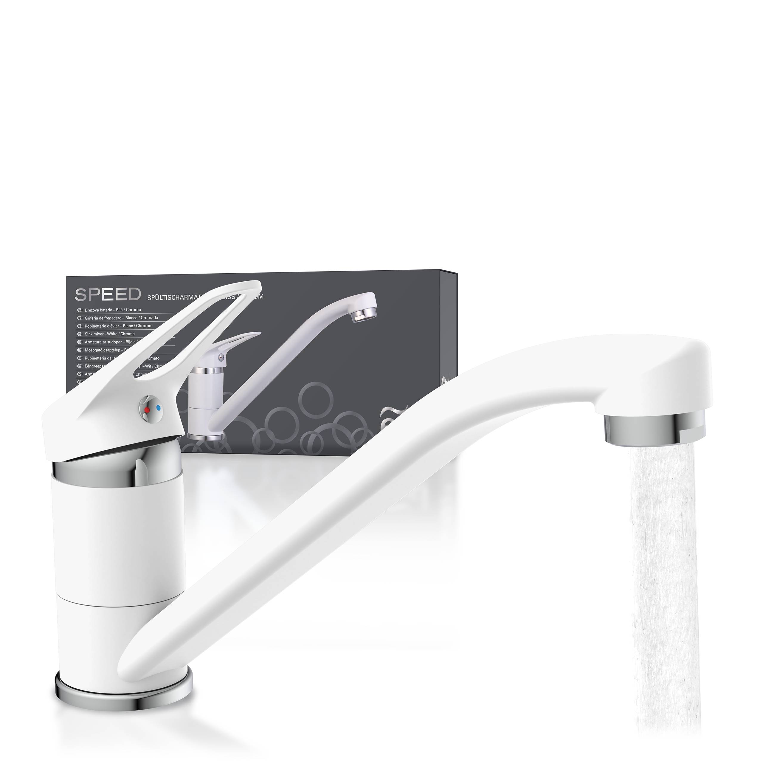 Ein eleganter, moderner weißer Küchenarmatur gibt einen gleichmäßigen Wasserstrom ab, mit seiner Verpackungsschachtel im Hintergrund.