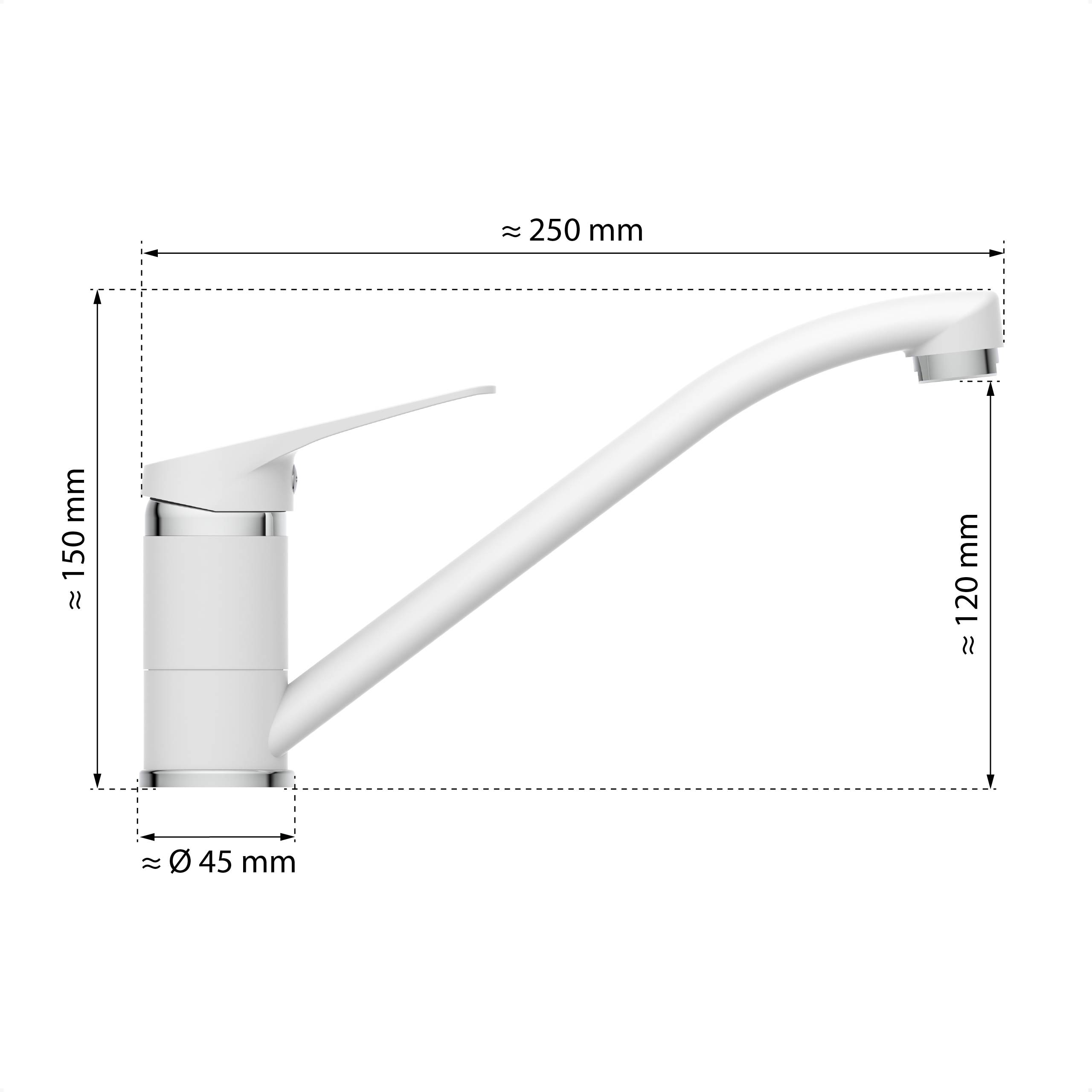 Eine Seitenansicht eines weißen Küchenarmaturs mit einem langen, geschwungenen Auslauf. Abmessungen: Höhe 150 mm, Länge 250 mm, Durchmesser 45 mm.