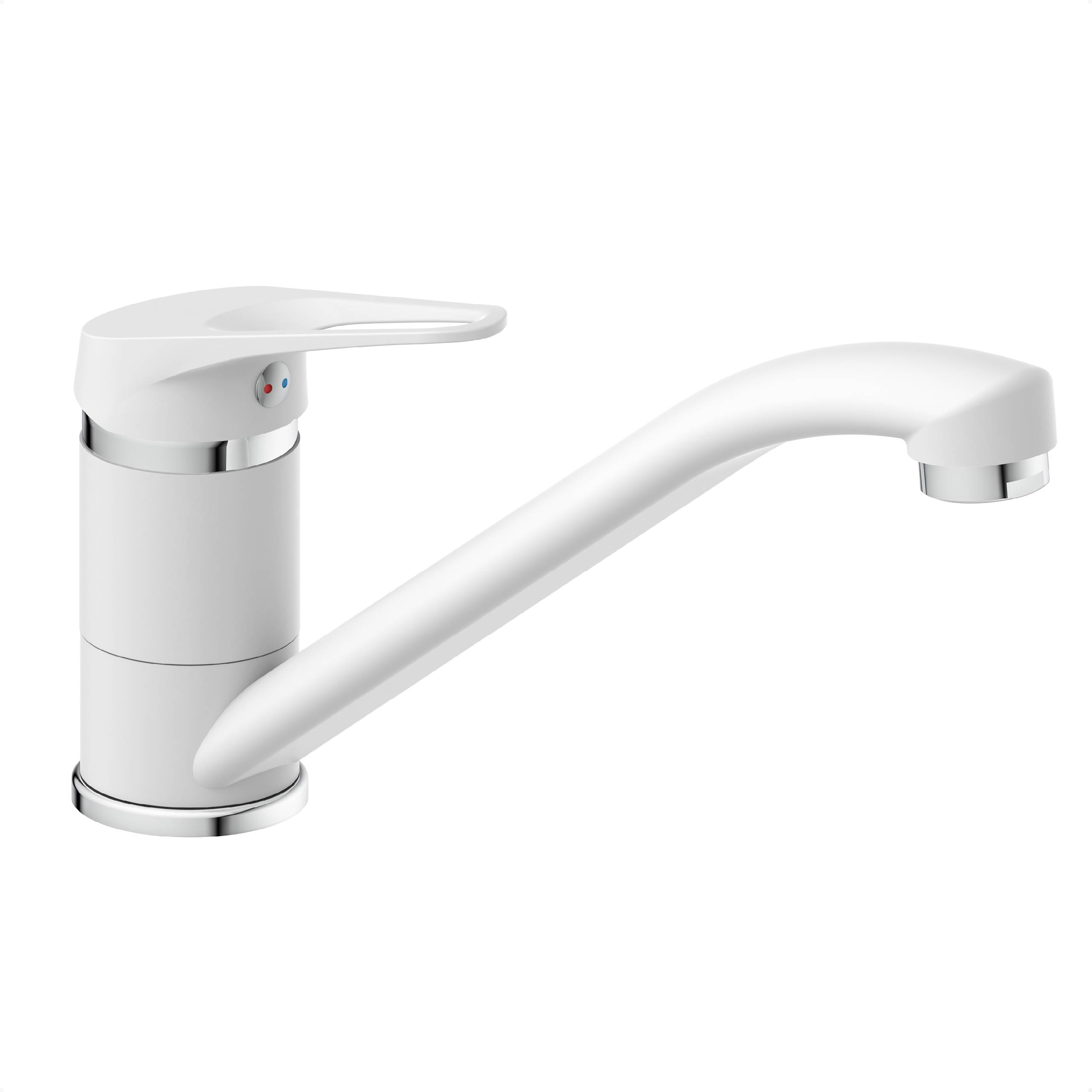 Ein schlanker weißer Küchenhahn mit geschwungenem Auslauf und Einhebelgriff, konzipiert für moderne Küchen.
