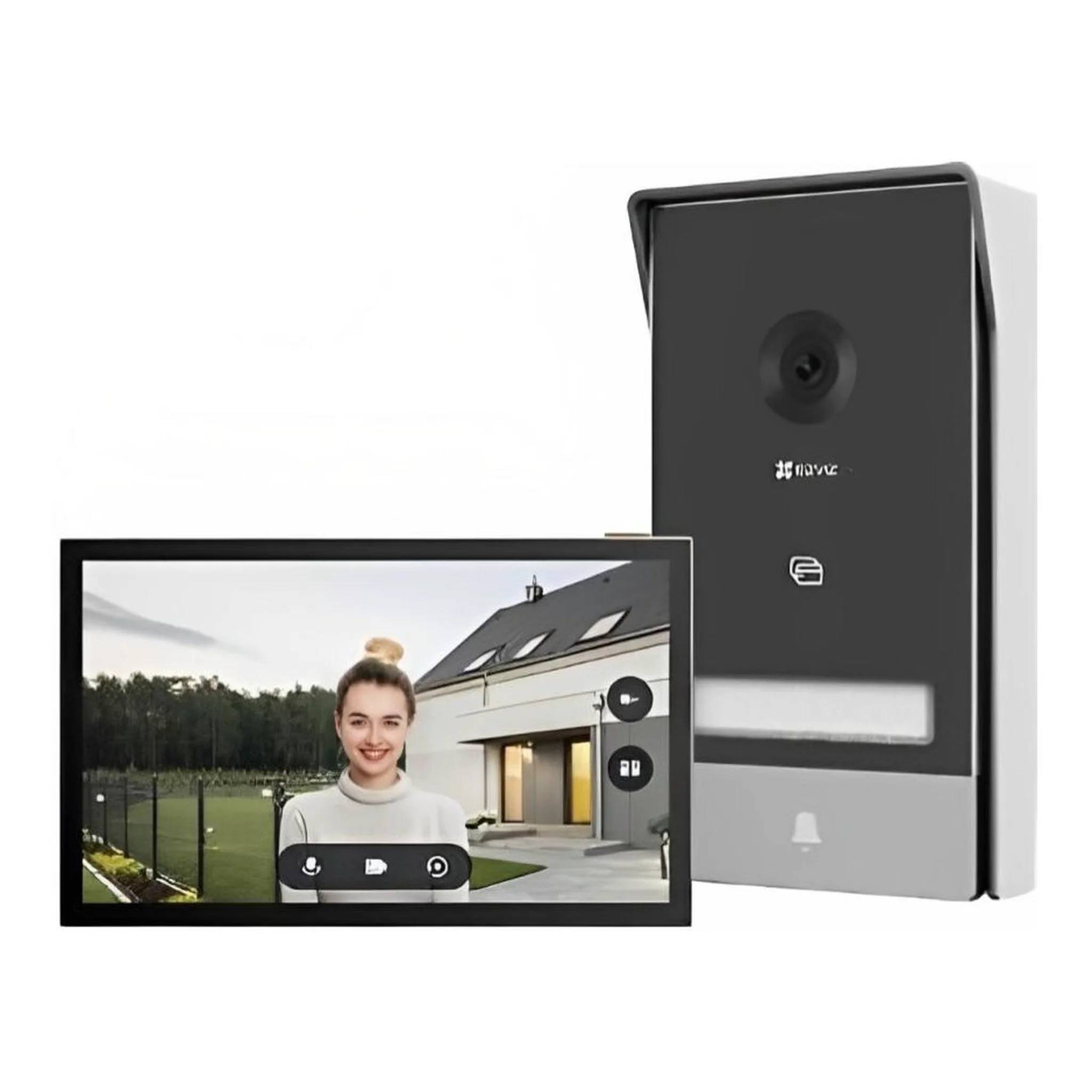 Intelligente Video-Türsprechanlage mit Kamera, Anzeigebildschirm und Klingelsymbol, gezeigt mit Außenansicht eines Hauses und Person auf dem Monitor.