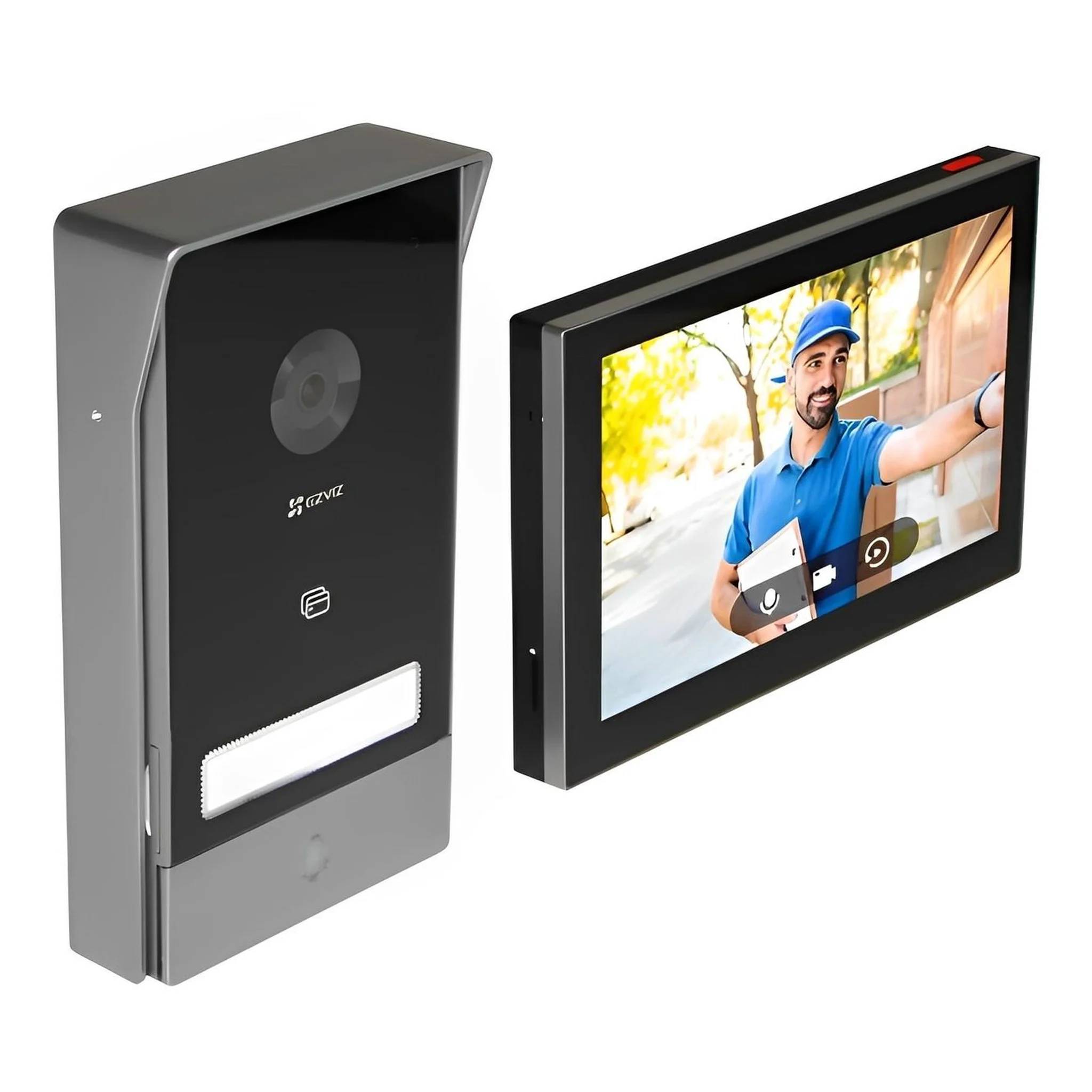 Kabelloses Video-Türklingel-Set mit Außenkameraeinheit und Indoor-Touchscreen-Monitor mit einem Lieferboten auf dem Bildschirm.