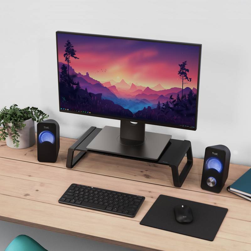 Desktop-Setup mit einem Breitbildmonitor auf einem Ständer, Tastatur, Maus und Lautsprechern auf einem Holzschreibtisch vor einer weißen Wand.