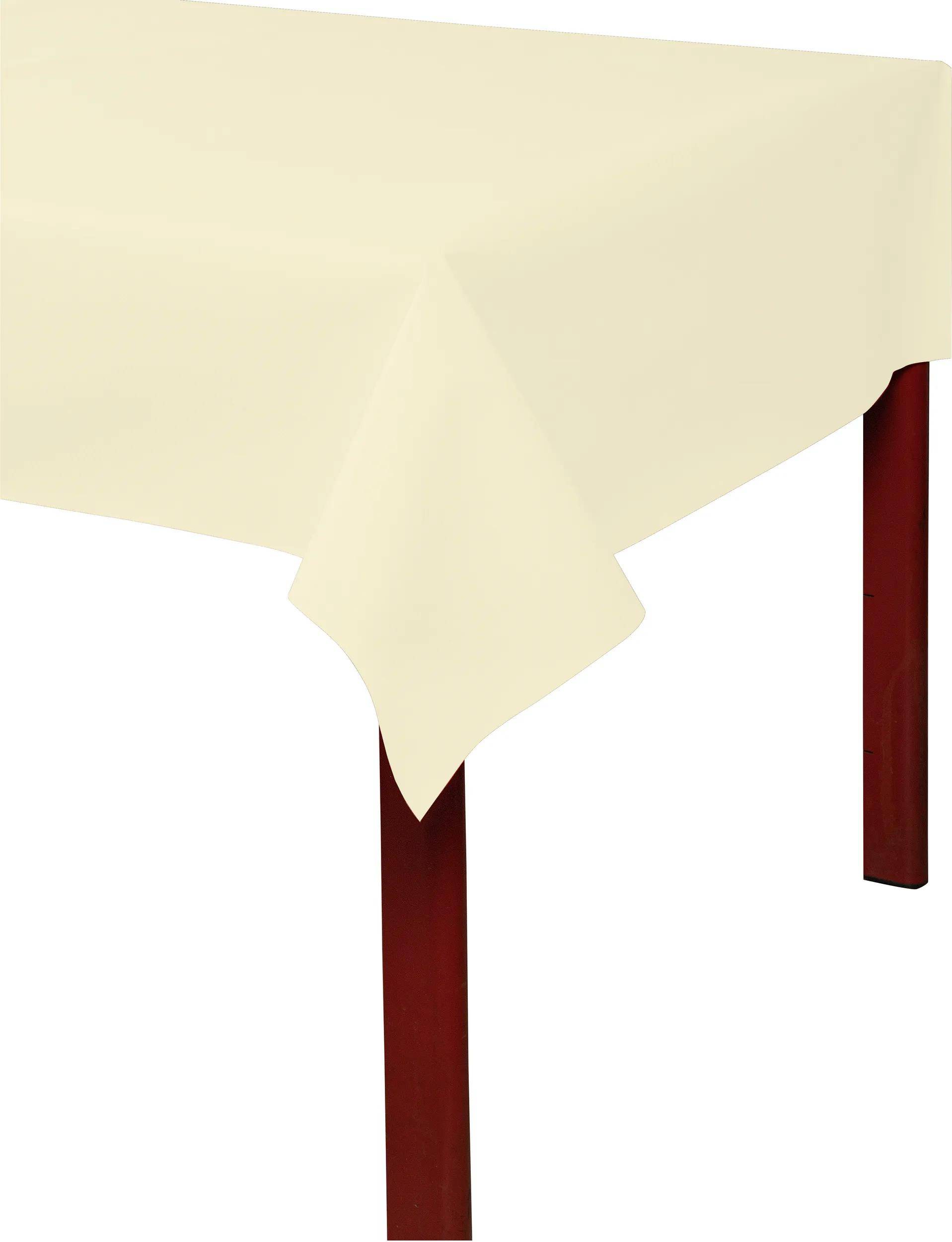 Ein beige Tischtuch, das über einem roten Tisch drapiert ist und die herabhängende Ecke des Stoffes zur Schau stellt.