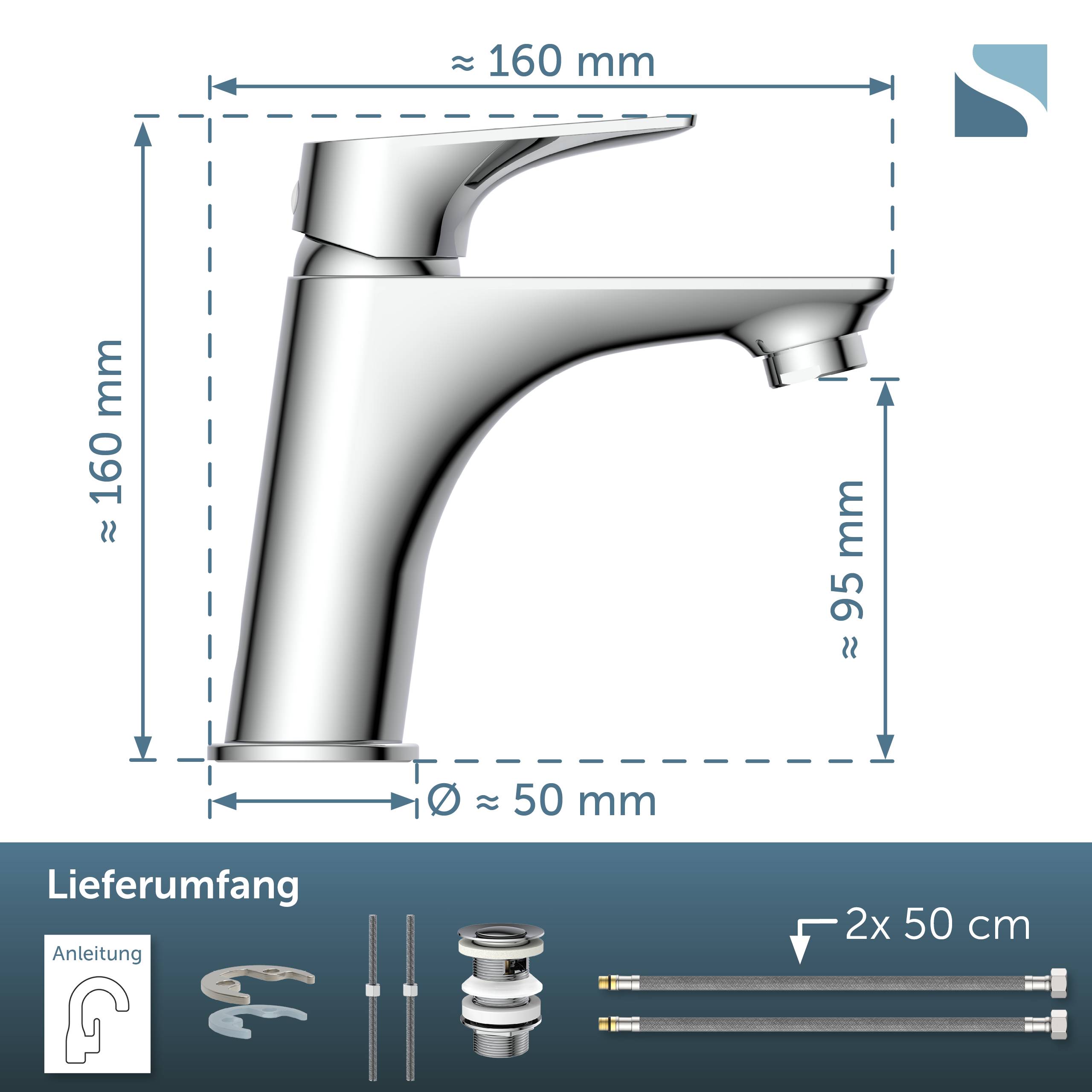 Diagramm eines verchromten Einhebel-Badezimmerwasserhahns mit Abmessungen: etwa 160 mm hoch und lang, 95 mm Auslaufhöhe, 50 mm Sockel. Beinhaltet „Lieferumfang" Teile und 2x 50 cm Schläuche.
