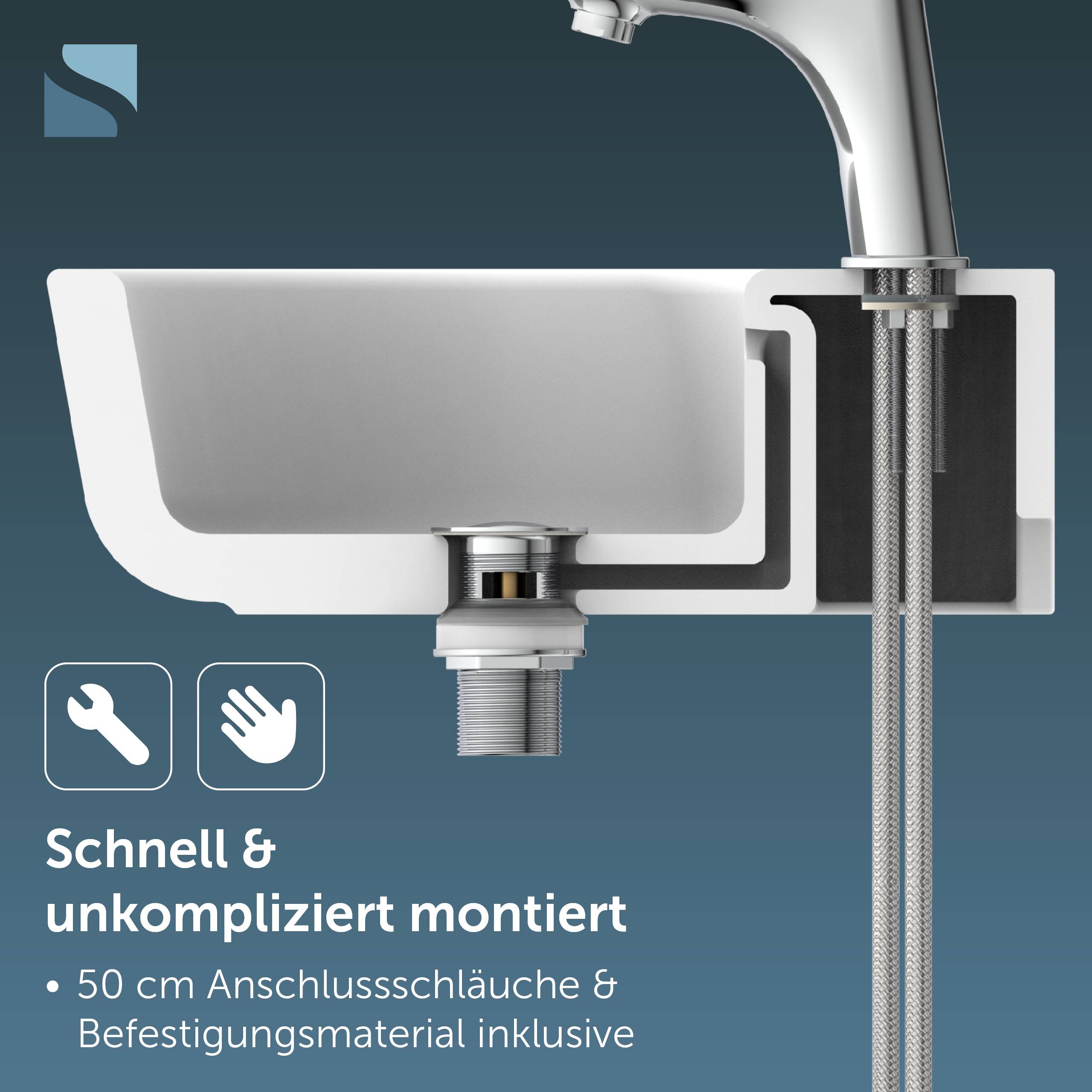 Schnittdarstellung eines auf dem Wasserhahn montierten Beckenverbinders mit schneller, einfacher Installation; deutscher Text sagt „Schnell & unkompliziert montiert" und enthält 50-cm-Schläuche sowie Montagematerial.