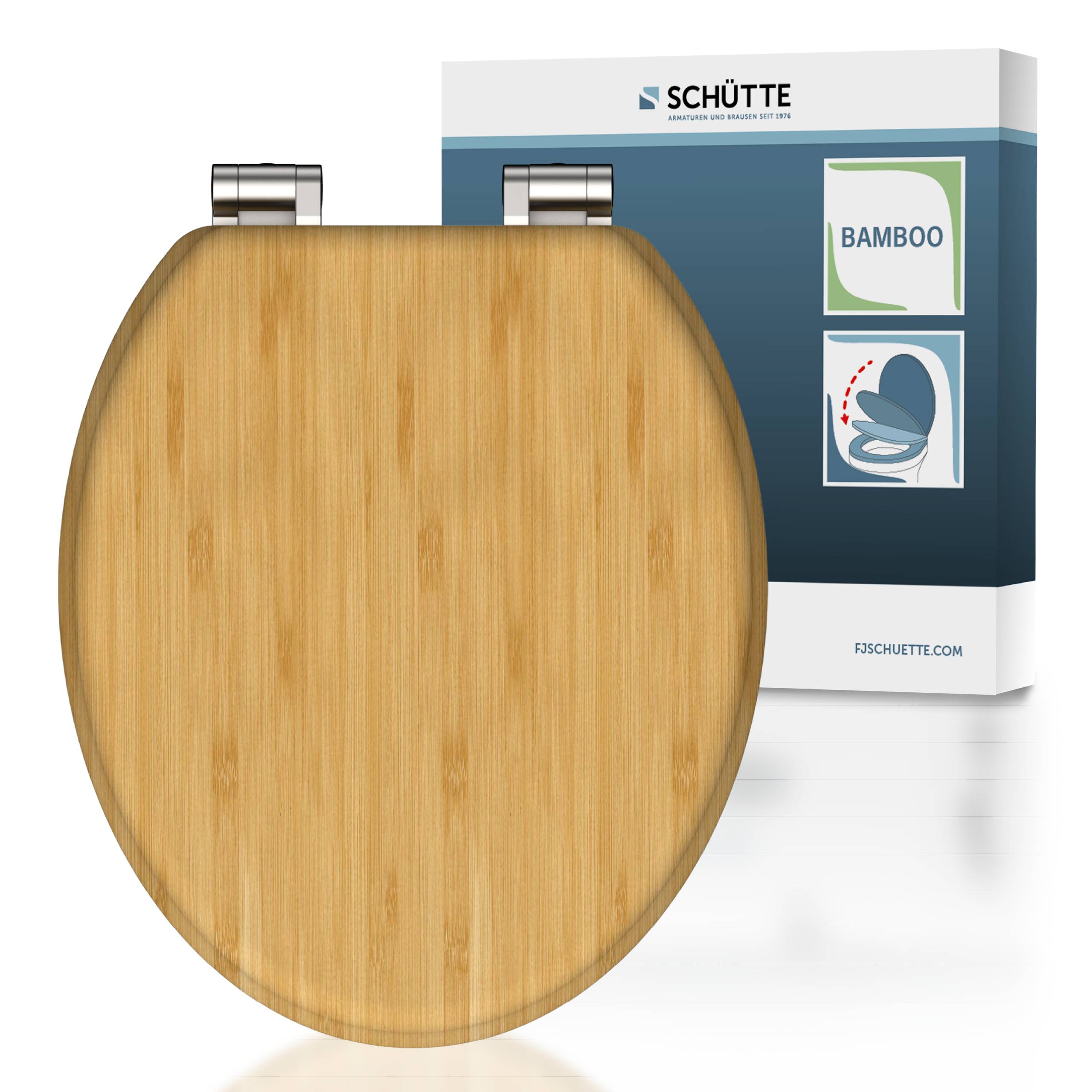 Toilettensitz aus Bambus mit Holzmaserung und Metallscharnieren, gezeigt vor SCHÜTTE-Produktverpackung mit der Aufschrift „BAMBOO